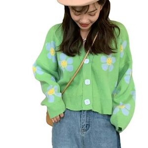 Cropped Smile Flower Vneck Cardigan Sweater Green Blue Yellow Relax Fit M